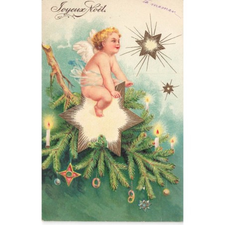 n°30477 - Carte Gaufrée - Clapsaddle - Joyeux Noël - Ange assis sur une étoile posé sur une branche de sapin