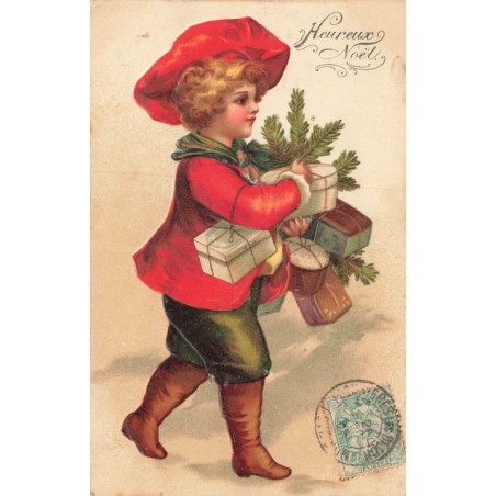 n°30478 - Carte Gaufrée - Clapsaddle - Joyeux Noël - Jeune homme portant des cadeaux
