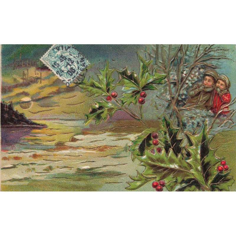 n°30479 - Carte Gaufrée - Joyeux Noël - Enfants apeurés au milieu de houx, au clair de lune
