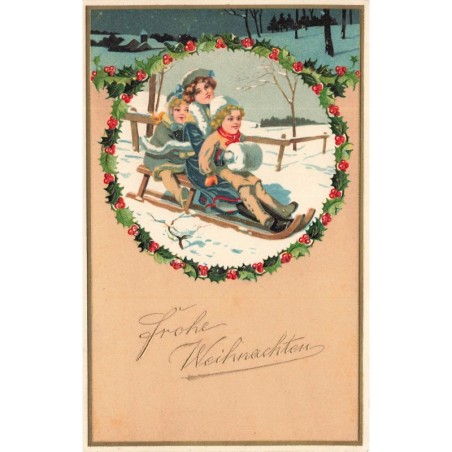 n°30480 - Carte Gaufrée - Noël - Fröhe Weihnachten - Enfants sur une luge