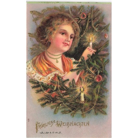 n°30481 - Carte Gaufrée - Fröhliche Weihnachten - Jeune femme allumant les bougies d'un sapin