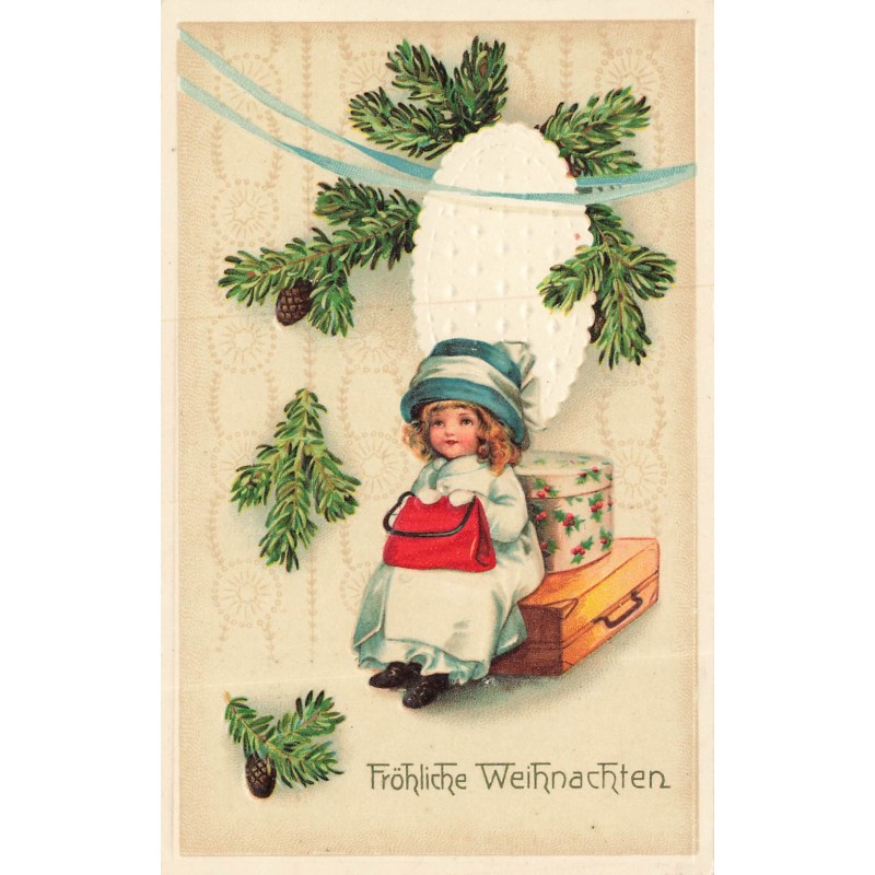 n°30482 - Carte Gaufrée - Clapsaddle - Fröhliche Weihnachten - Fillette assise sur sa valise