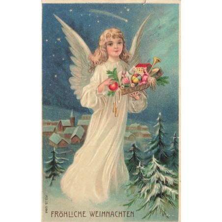 n°30483 - Carte Gaufrée - MSIB 13648 - Fröhliche Weihnachten - Ange portant un plateau rempli de jouets