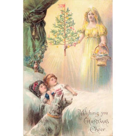 n°30485 - Carte Gaufrée - Wishing you Christmas Cheer - Ange apportant sapin à des filletttes endormies