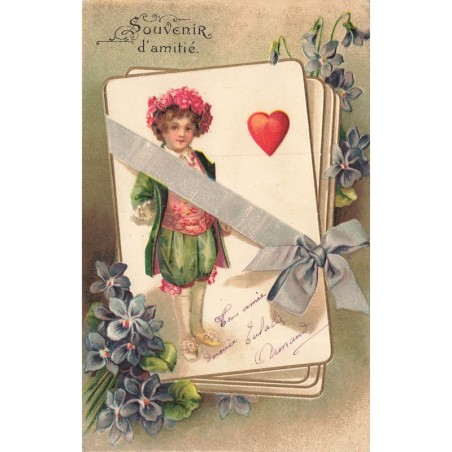 n°30488 - Carte Gaufrée - Clapsaddle - Souvenir d'Amitié - Jeu de cartes entouré de violettes