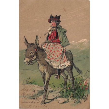 n°30490 - Carte Gaufrée - Fantaisie - Jeune femme se promenant sur le dos d'un âne