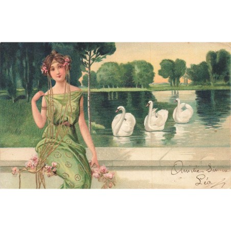 n°30492 - Carte Gaufrée - Fantaisie - Jeune femme près d'un étang avec des cygnes