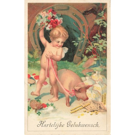 n°30493 - Fantaisie - Hartelijke Gelukwensch - Angelot promenant un cochon