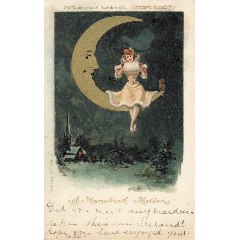 n°30497 - C.W. Faulkner - A Moonstruck Maiden - Jeune femme assise sur un croissant de lune