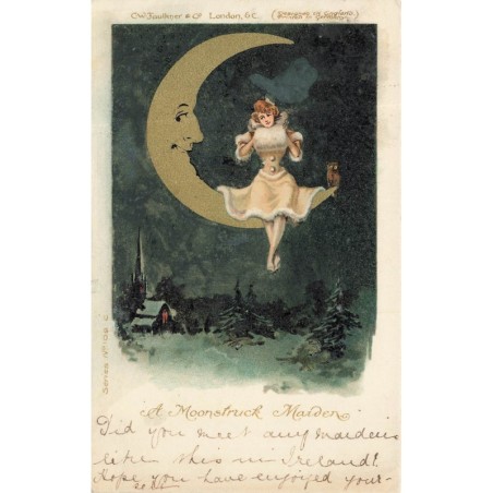 n°30497 - C.W. Faulkner - A Moonstruck Maiden - Jeune femme assise sur un croissant de lune