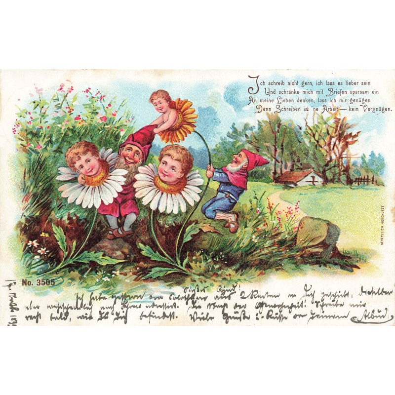 n°30498 - Fantaisie - Lutins autour de fleurs avec des enfants au milieu - Surréalisme