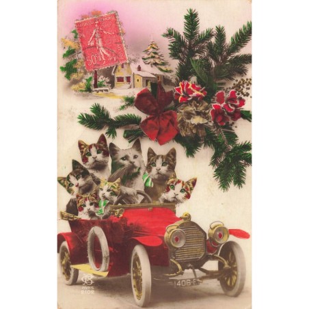 n°30500 - Chats dans une voiture entouré d'un décor de Noël