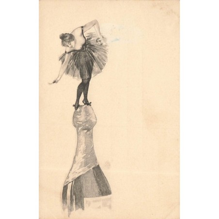 n°30503 - Carte Gaufrée - Fantaisie - Jeune femme en équilibre sur une bouteille de champagne