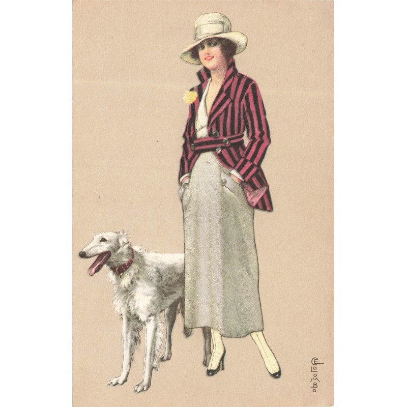 n°30504 - Illustrateur Colombo - Jeune femme se promenant avec un lévrier