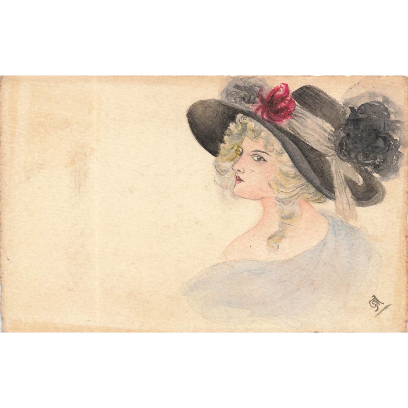 n°30509 - Carte Peinte à la Main - Portrait d'une femme de dos portant un chapeau avec des plumes