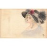 n°30509 - Carte Peinte à la Main - Portrait d'une femme de dos portant un chapeau avec des plumes