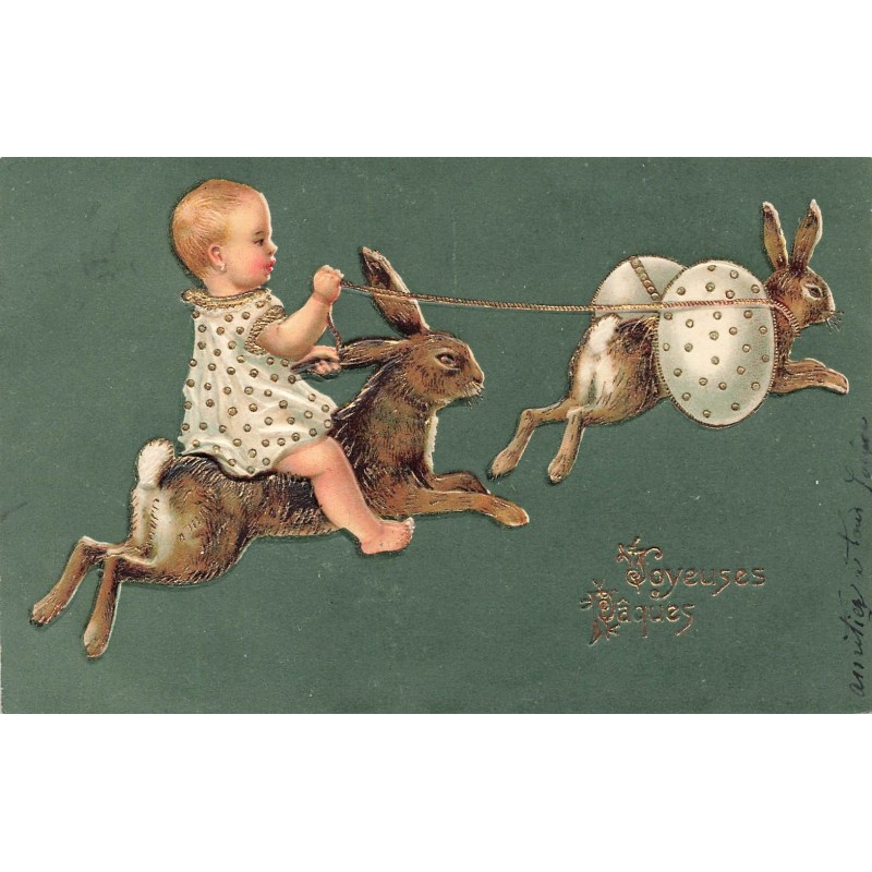 n°30515 - Carte Gaufrée - Joyeuses Pâques - Bébé sur le dos d'un lièvre, suivant un lièvre portant un oeuf