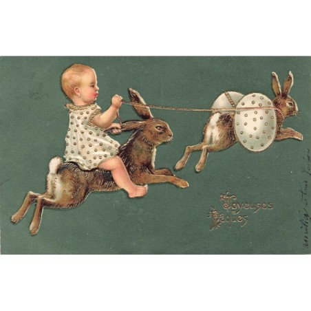 n°30515 - Carte Gaufrée - Joyeuses Pâques - Bébé sur le dos d'un lièvre, suivant un lièvre portant un oeuf