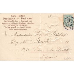 n°30515 - Carte Gaufrée - Joyeuses Pâques - Bébé sur le dos d'un lièvre, suivant un lièvre portant un oeuf