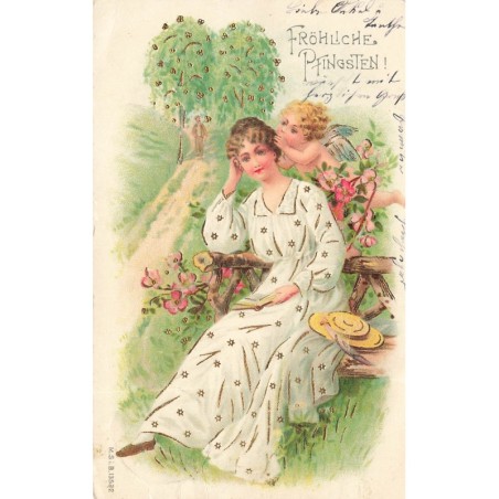 n°30516 - Carte Gaufrée - MSIB 13522 - Fröhliche Pfingsten - Ange chuchotant à l'oreille d'une jeune femme