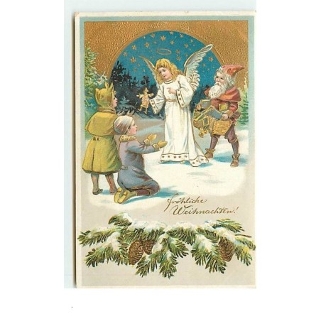 n°13877 - Carte Gaufrée - Fröhliche Weihnachten - Ange gardien distribuant des cadeaux à des enfants
