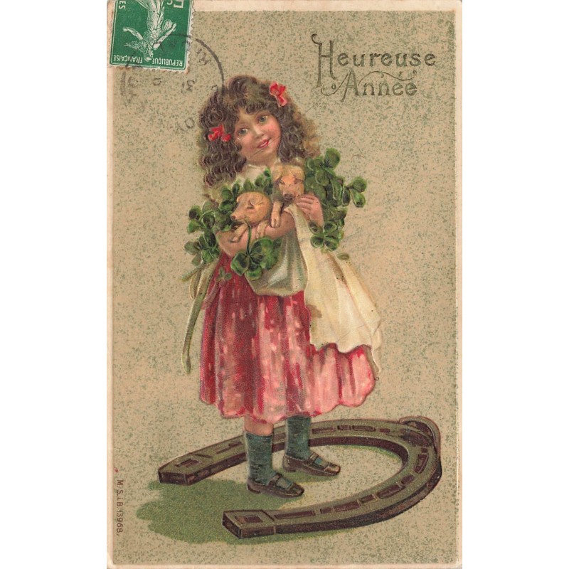 n°30518 - Carte Gaufrée - MSIB 13968 - Heureuse Année - Fillette portant des cochons debout au milieu d'un fer à cheval