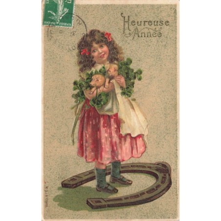 n°30518 - Carte Gaufrée - MSIB 13968 - Heureuse Année - Fillette portant des cochons debout au milieu d'un fer à cheval