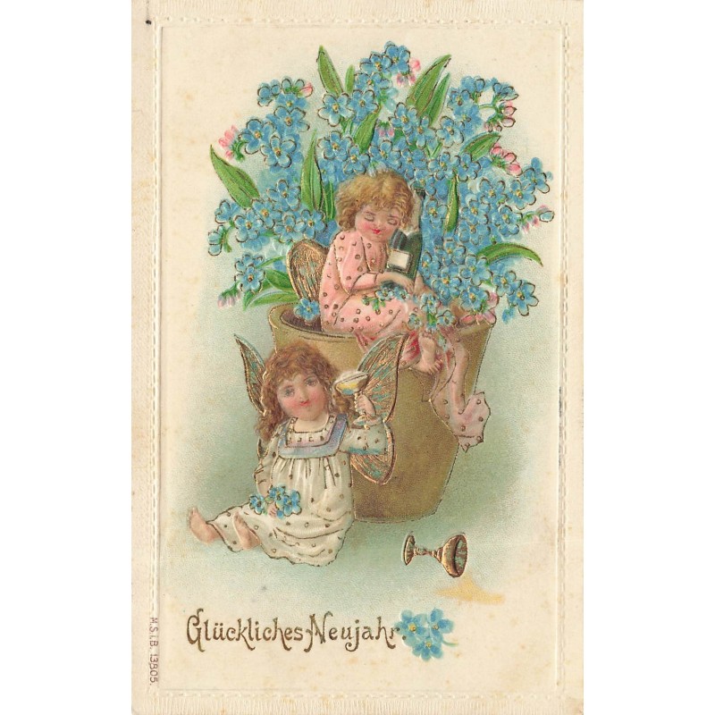 n°30519 - Carte Gaufrée - MSIB 13805 - Glückliches Neujahr - Anges trinquant près d'un pot de myosothis