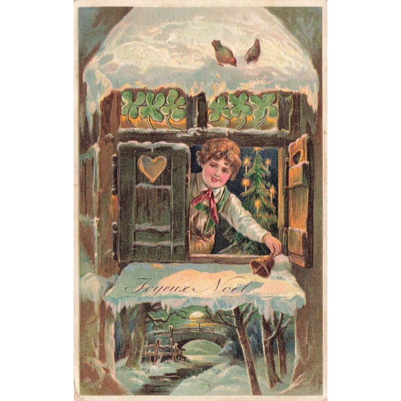 n°30520 - Carte Gaufrée - 6277 - Joyeux Noël - Garçon à une fenêtre sonnant une clochette