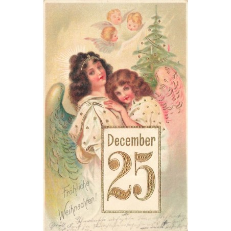 n°30521 - Carte Gaufrée - Fröhliche Weihnachten - Deux anges, éphéméride