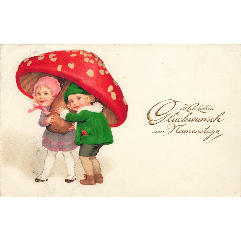 n°30523 - Flatscher - Herzlichen Glückwunsch zum Namenstage - Enfants sous un champignon