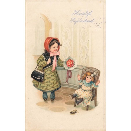 n°30524 - Fantaisie - Hartelijk Gefiliciteerd - Fillette offrant un bouquet de fleurs à sa poupée