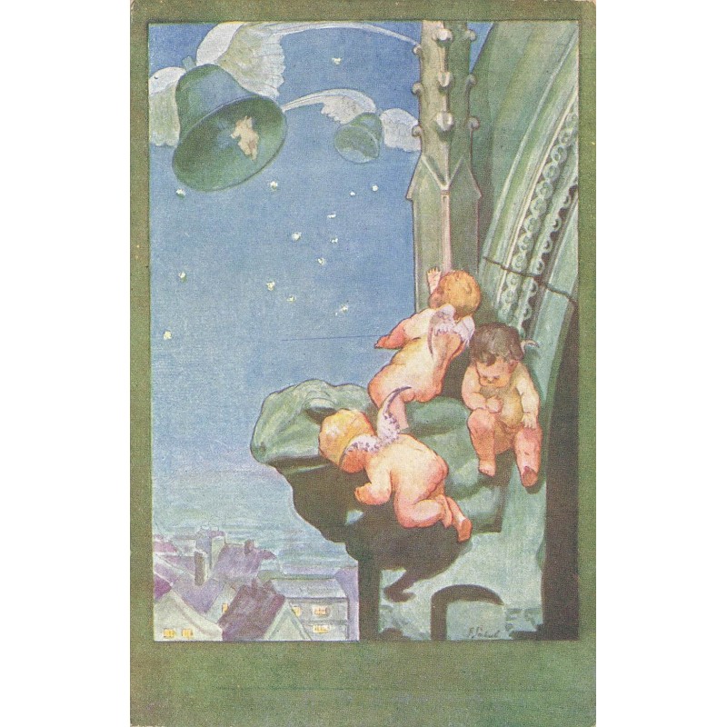 n°30532 - Velikonocn Pozdrav - Anges en haut d'un clocher regardant une cloche volée