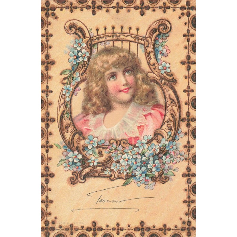 n°30542 - Fantaisie - Imitation Bois WBB 1204 - Jeune fille au milieu d'une lyre