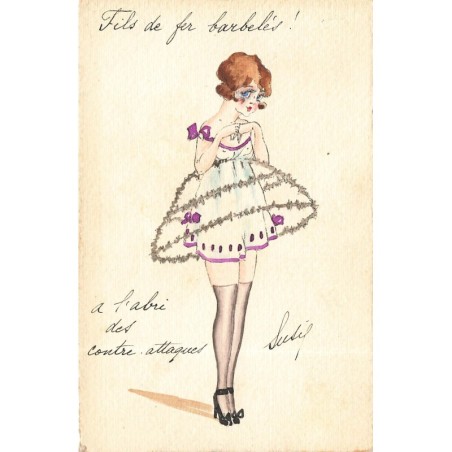 n°30551 - Illustrateur Susie- Jeune femme avec des bas etune jupe en fils de fer barbelés