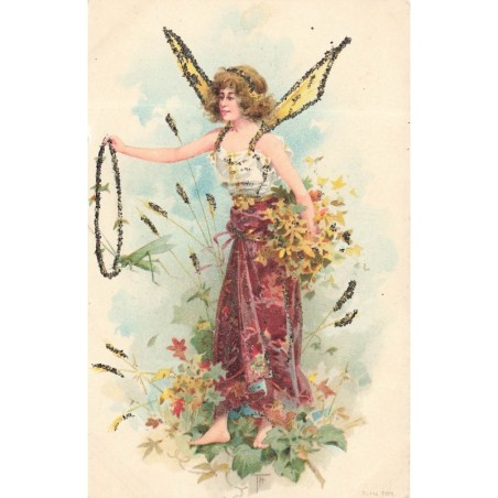 n°30558 - Carte avecPaillettes - Féé tenant un cerceau pour qu'une sauterelle saute à travers