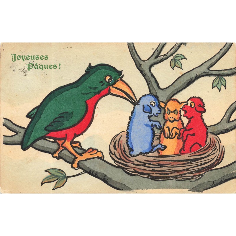n°30561 - Joyeuses Pâques - MM Vienne n°488 - Oiseau mettant des moutons colorés dans son nid