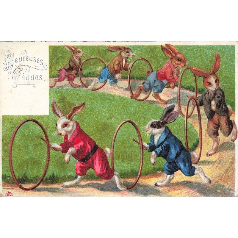 n°30562 - Heureuses Pâques - Lièvres habillés jouant aux cerceaux