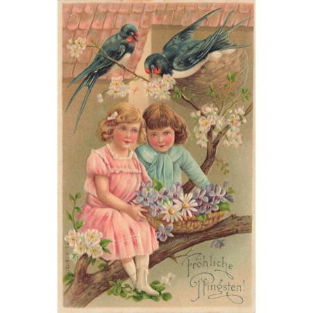 n°30566 - Carte Gaufrée - MSIB 13828 - Fröhliche Pfingsten - Deux enfants assis dans un arbre sous des hirondelles
