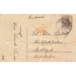 n°30566 - Carte Gaufrée - MSIB 13828 - Fröhliche Pfingsten - Deux enfants assis dans un arbre sous des hirondelles