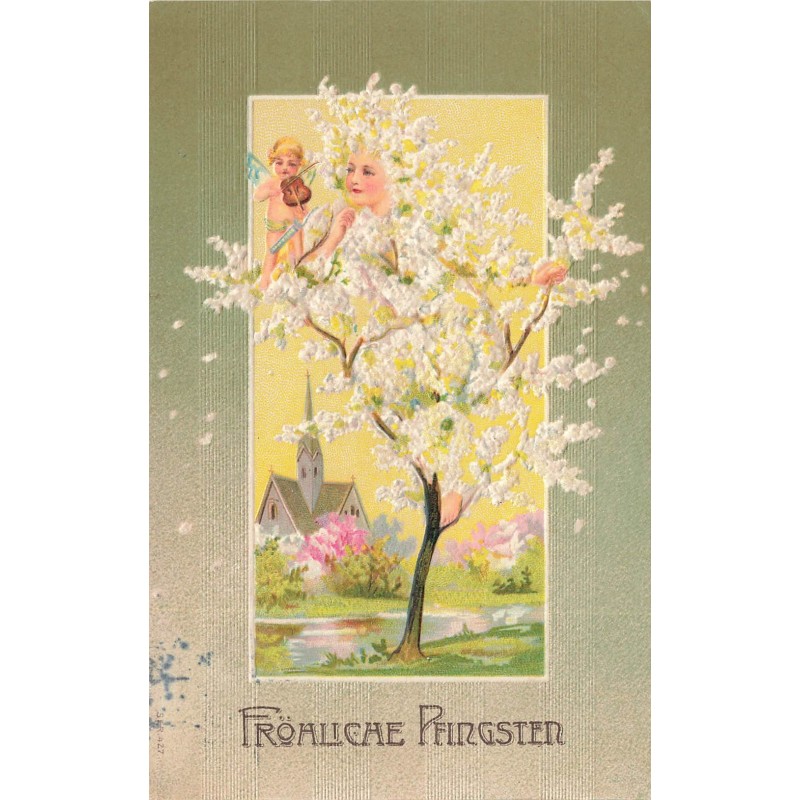 n°30567 - Carte Gaufrée - Fröhliche Pfingsten - Ange jouant du violon pour un arbre humanisé