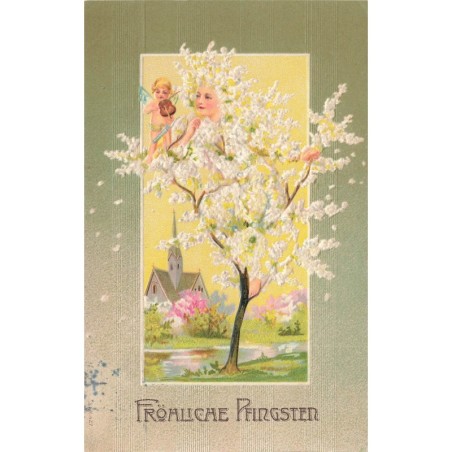 n°30567 - Carte Gaufrée - Fröhliche Pfingsten - Ange jouant du violon pour un arbre humanisé
