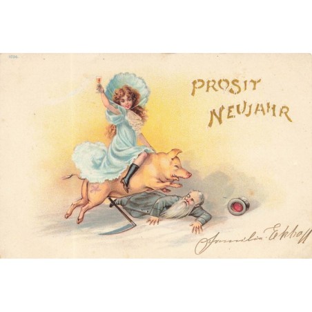 n°30571 - Prosit Neujahr - Jeune fille à califourchon sur un cochon renversant la mort