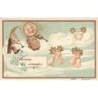 n°30573 - Carte Gaufrée - Bonne Année - Lune et soleil humanisés faisant danser des étoiles