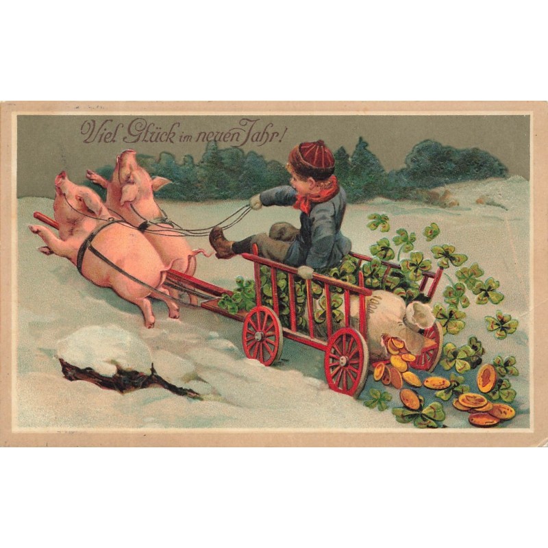 n°30576 - Carte Gaufrée - Nouvel An - Garçon dans une charette tirée par des cochons