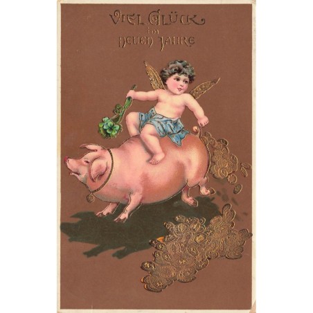 n°30577 - Viel Glück im Neuen Jahr - Ange sur le dos d'un cochon lançant des pièces d'or