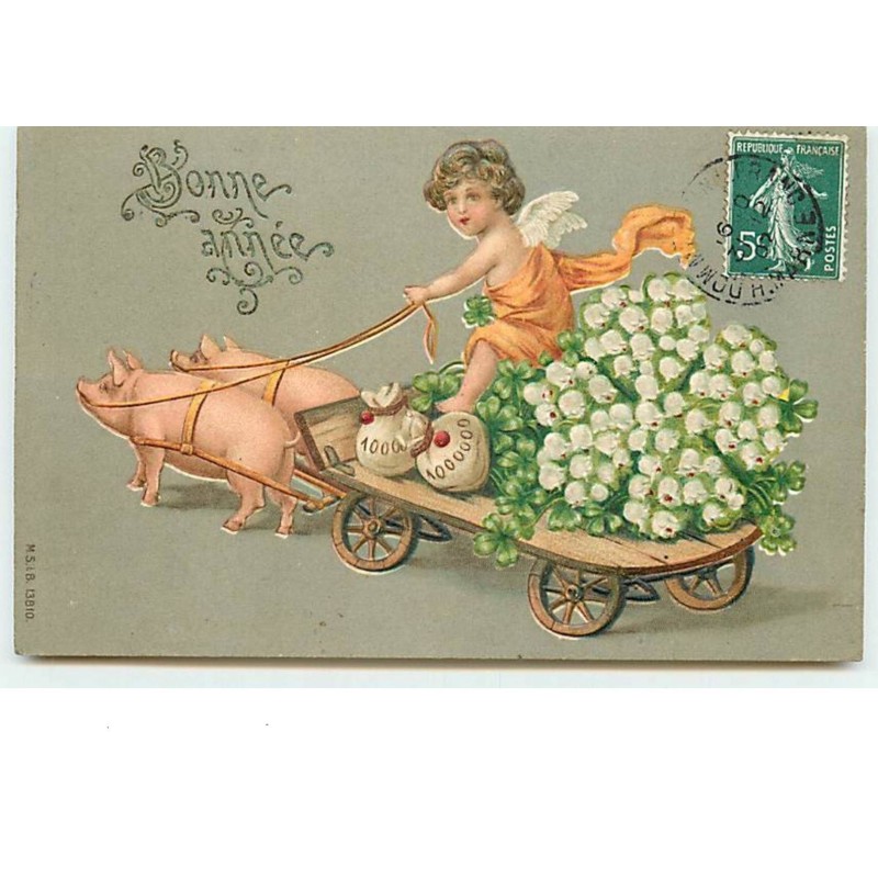 n°13884 - Carte Gaufrée - Bonne Année - Ange conduisant une charette remplie de muguet, et tirée par des cochons