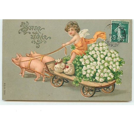 n°13884 - Carte Gaufrée - Bonne Année - Ange conduisant une charette remplie de muguet, et tirée par des cochons