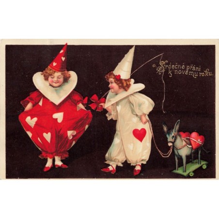 n°30585 - Carte Gaufrée - Nouvel An - Clapsaddle - Deux fillettes portant des tenues de clown