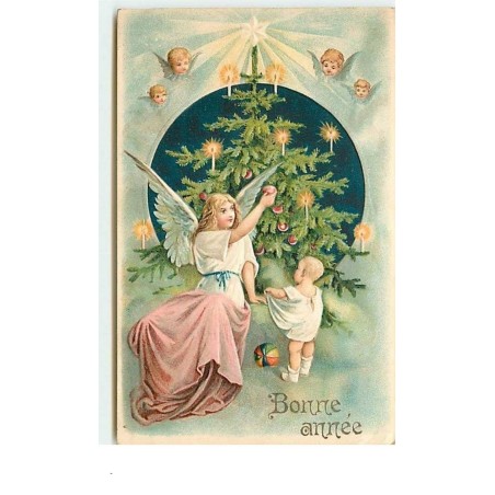 n°13885 - Carte Gaufrée - Bonne Année - Ange gardien donnant une pomme à un bébé